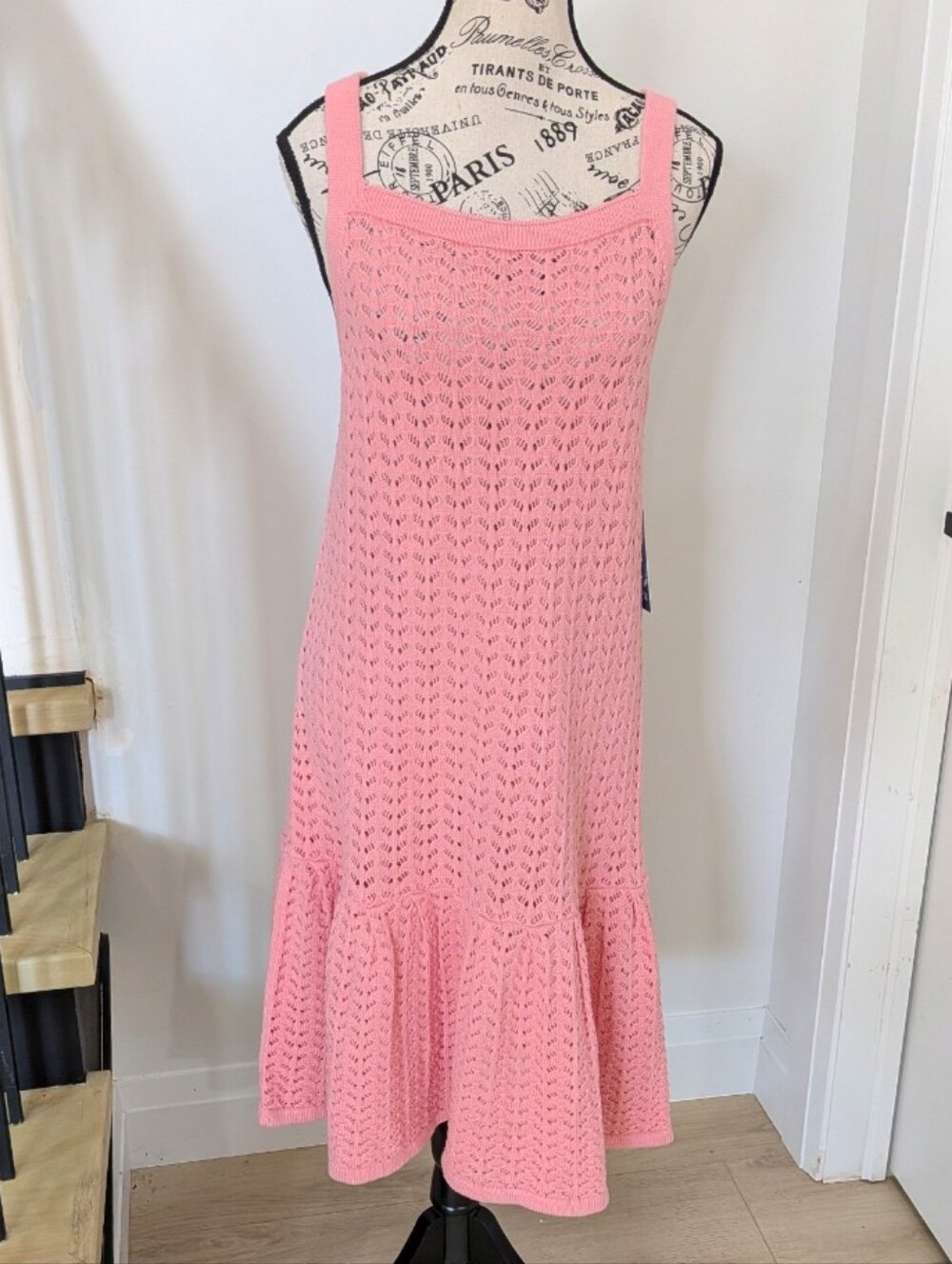 GOA BEACHWEAR JAPNA | Women's Pink Open Knit Crochet Ruffled Hem Midi Dress
